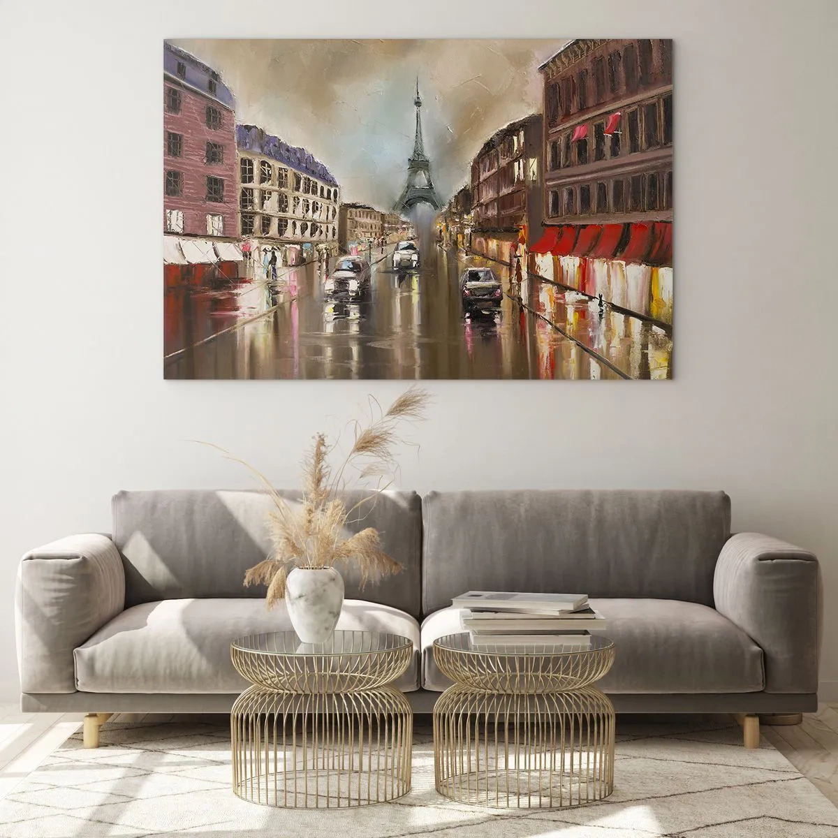 Glasbild - Bild auf glas - Abendliche Straße von Paris mit Blick auf den Eiffelturm - 120x80cm - Nur sie zählt - Moderne Wanddekoration für Wohnzimmer und Schlafzimmer ARTTOR
