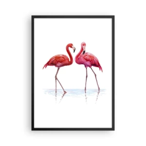 Poster in einem schwarzem Rahmen - Zwei Flamingos auf weißem Hintergrund mit Spiegelbild im Wasser - 50x70cm - Rosa randez-vous - Moderne Wanddekoration für Wohnzimmer und Schlafzimmer ARTTOR