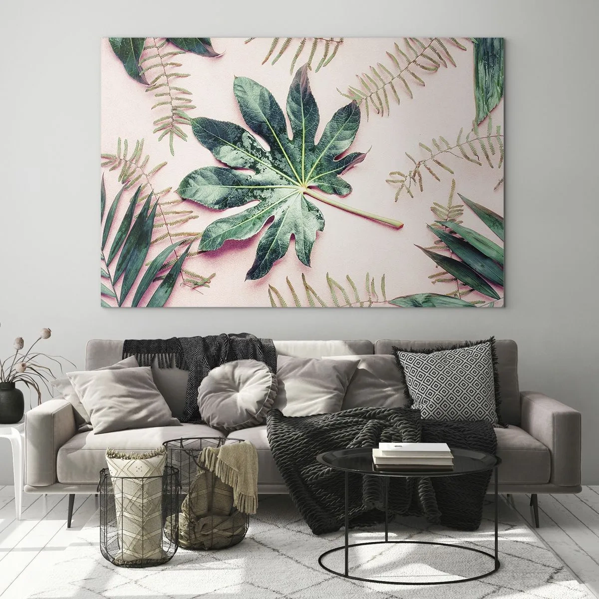 Glasbild - Bild auf glas - Tropische Blätter auf pastellfarbenem Hintergrund - 70x50cm - Eine Studie von Grün auf einem rosa Hintergrund - Moderne Wanddekoration für Wohnzimmer und Schlafzimmer ARTTOR