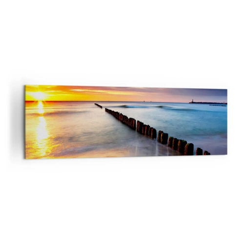 Bild auf Leinwand - Leinwandbild - Sonnenuntergang über dem Meer mit einem Wellenbrecher im Vordergrund - 160x50cm - Lausche der Stille - Moderne Wanddekoration für Wohnzimmer und Schlafzimmer ARTTOR