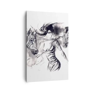 Bild auf Leinwand - Leinwandbild - Eine Frau in einem dynamischen Tanz mit Zebras in einer Schwarz-Weiß-Ästhetik - 80x120cm - Tanzen mit den Zebras - Moderne Wanddekoration für Wohnzimmer und Schlafzimmer ARTTOR