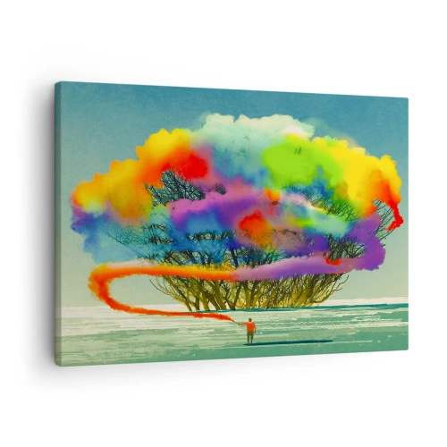 Bild auf Leinwand - Leinwandbild - Eine Figur mit farbigem Rauch im Hintergrund eines Baumes in der Wildnis - 70x50cm - Erwecke diese Welt zum Leben - Moderne Wanddekoration für Wohnzimmer und Schlafzimmer ARTTOR