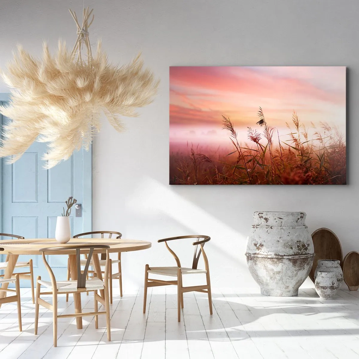 Bild auf Leinwand - Leinwandbild - Ein Grasfeld vor der Kulisse eines malerischen Sonnenuntergangs - 70x50cm - Drachen, Löwenzahn, Wind - Moderne Wanddekoration für Wohnzimmer und Schlafzimmer ARTTOR