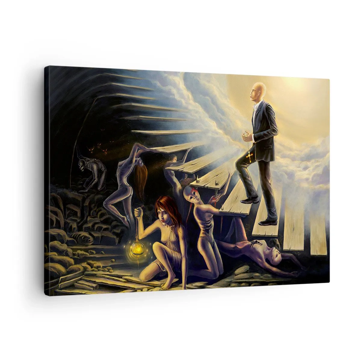 Bild auf Leinwand - Leinwandbild - Eine symbolische Szene des Weges zum Licht durch eine verfallene Treppe - 70x50cm - Danteske Reise zum Licht - Moderne Wanddekoration für Wohnzimmer und Schlafzimmer ARTTOR