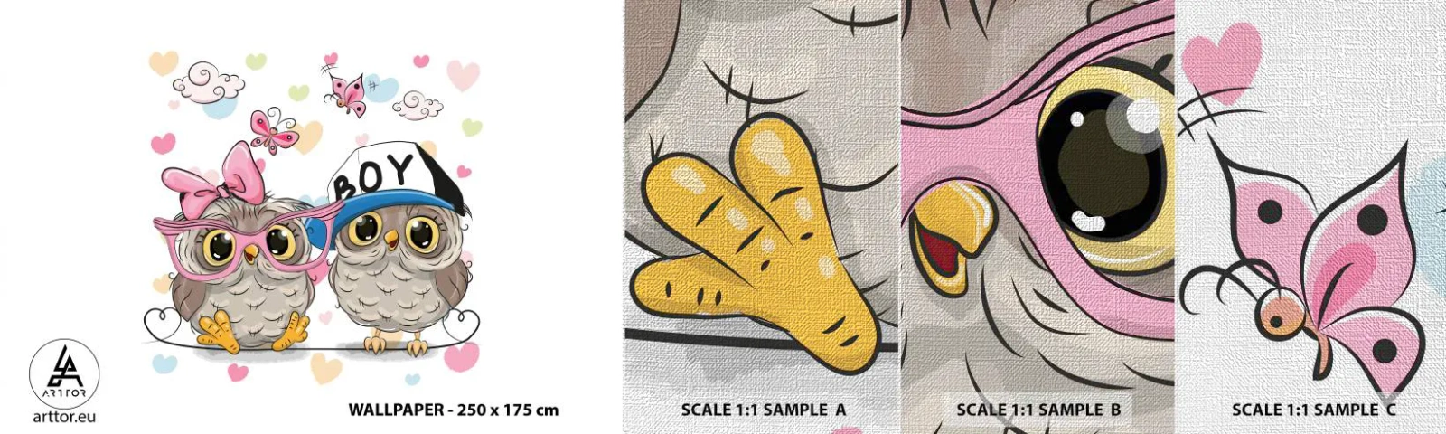 Fototapeten Muster Premium Canvas - Lass uns Liebe machen! - Für Kinder, Eule, Schmetterling - 100x30 cm