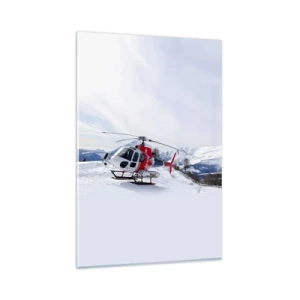 Glasbild - Bild auf glas - Ein roter Hubschrauber vor einer verschneiten Berglandschaft. - 80x120cm - Immer bereit - Moderne Wanddekoration für Wohnzimmer und Schlafzimmer ARTTOR