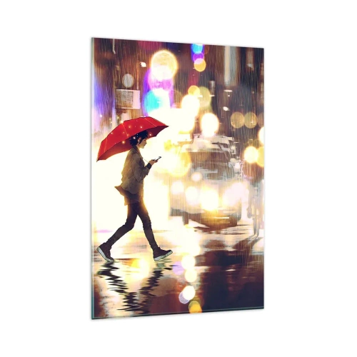 Glasbild - Bild auf glas - Eine Figur mit einem roten Regenschirm auf der Straße im Regen - 80x120cm - Und doch sonnig - Moderne Wanddekoration für Wohnzimmer und Schlafzimmer ARTTOR