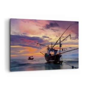 Bild auf Leinwand - Leinwandbild - Ein Fischerboot vor der Kulisse eines farbenfrohen Sonnenuntergangs - 120x80cm - Exotischer Abend - Moderne Wanddekoration für Wohnzimmer und Schlafzimmer ARTTOR