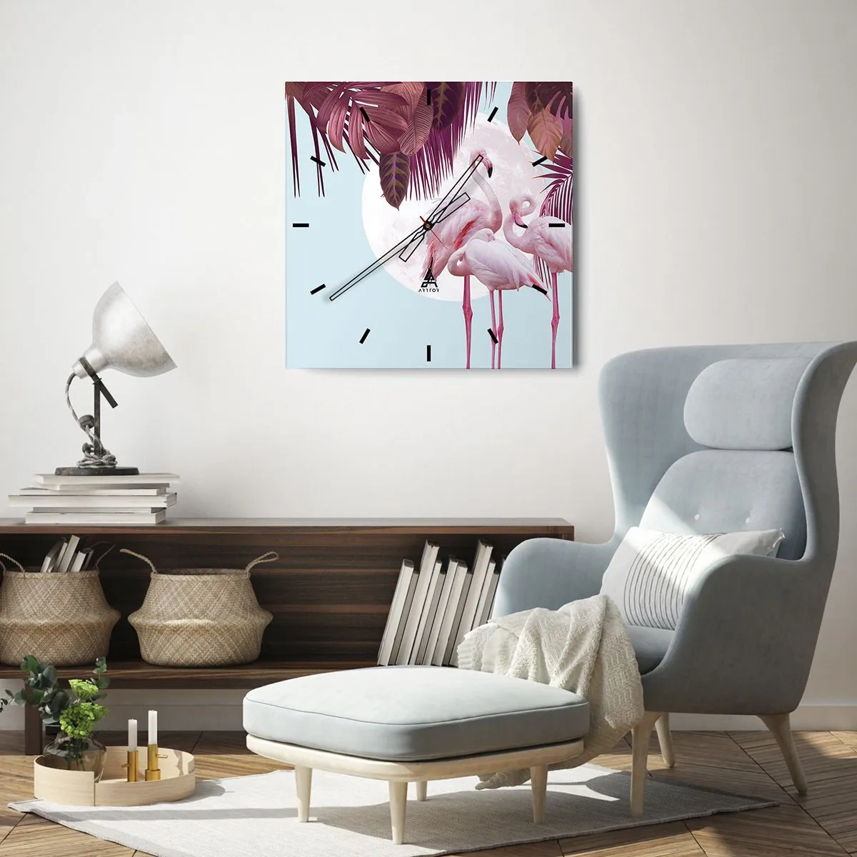 Wanduhr - Glasuhr - Rosa Flamingos vor dem Hintergrund des Mondes und tropischer Blätter - 30x30cm - Drei Vogelgnaden - Moderne Wanddekoration für Wohnzimmer und Schlafzimmer ARTTOR