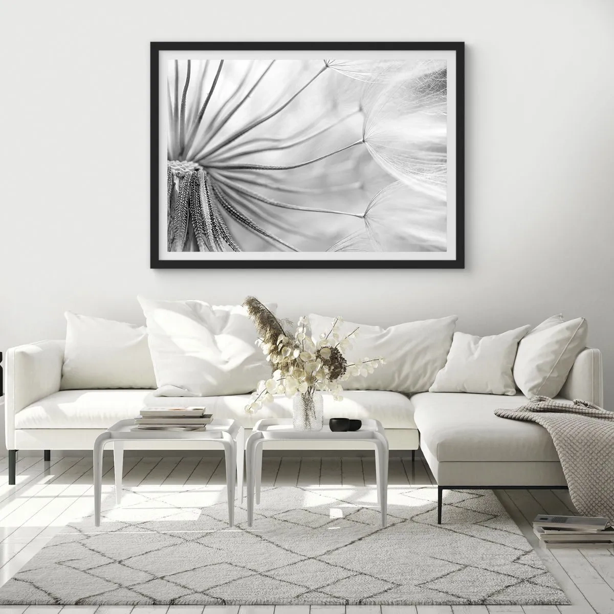 Poster in einem schwarzem Rahmen - Zarte Pusteblumen in Schwarz-Weiß-Tönen - 70x50cm - Löwenzahn, Drachen - Moderne Wanddekoration für Wohnzimmer und Schlafzimmer ARTTOR