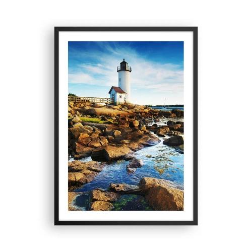 Poster in einem schwarzem Rahmen - Ein Leuchtturm an einer felsigen Küste an einem sonnigen Tag - 50x70cm - Komm glücklich zurück, ich warte - Moderne Wanddekoration für Wohnzimmer und Schlafzimmer ARTTOR