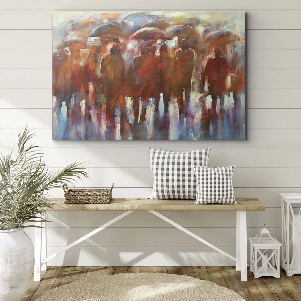 Bild auf Leinwand - Leinwandbild - Eine Menschenmenge mit Regenschirmen in einer regnerischen, künstlerischen Umgebung - 100x70cm - Auch bei Regen und Nebel - Moderne Wanddekoration für Wohnzimmer und Schlafzimmer ARTTOR