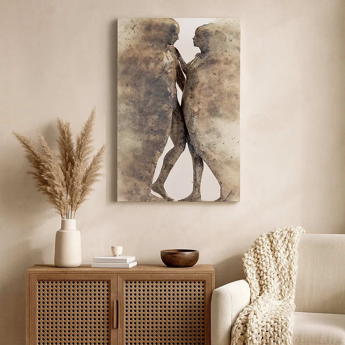 Bild auf Leinwand - Leinwandbild - Ein abstraktes Silhouettenduo in Sandtönen - 50x70cm - Sie erhoben sich aus dem Staub, um zu lieben - Moderne Wanddekoration für Wohnzimmer und Schlafzimmer ARTTOR