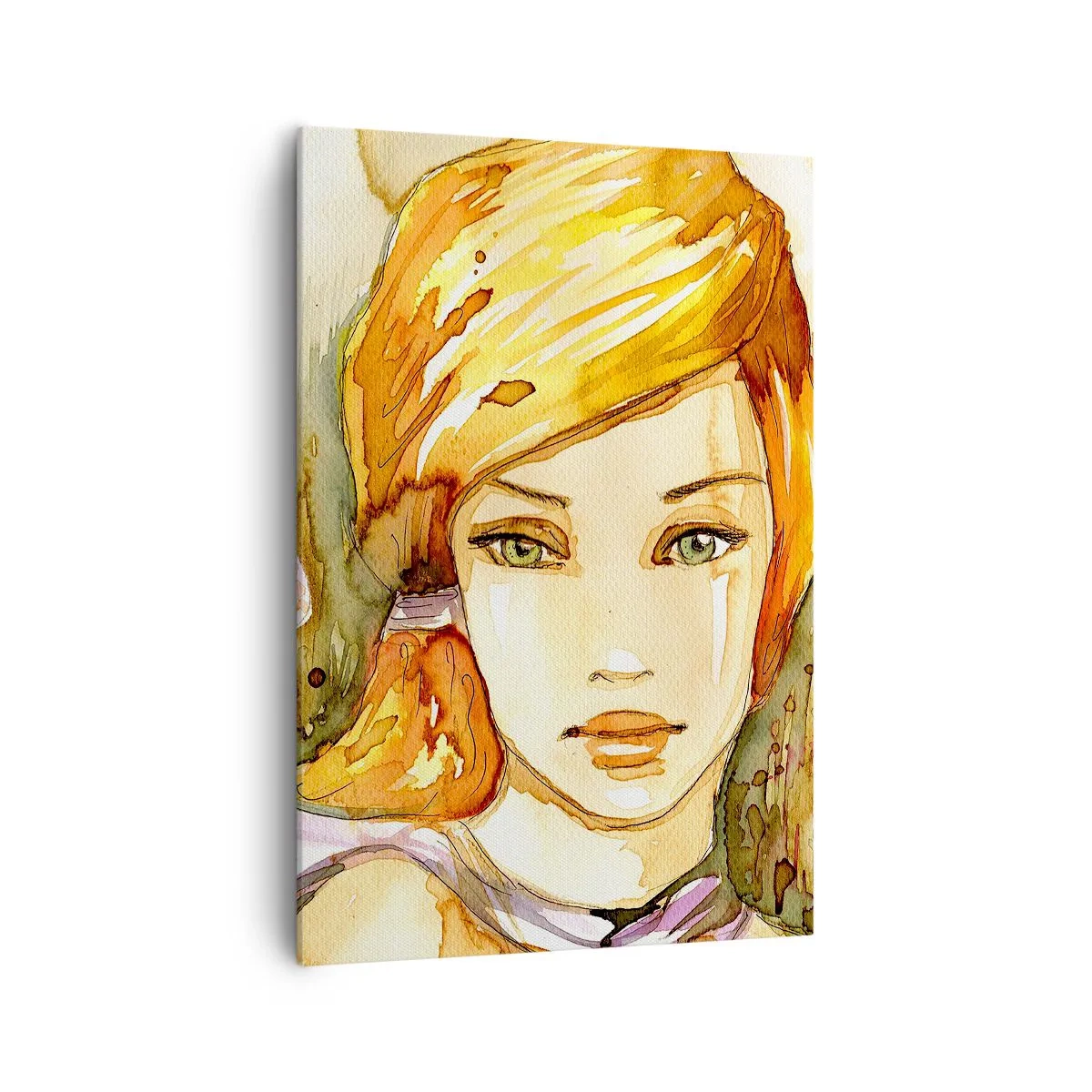 Bild auf Leinwand - Leinwandbild - Porträt einer Frau in Aquarellfarben mit intensivem Blick - 70x100cm - Ein smaragdgrüner Look, der die Wut beruhigt - Moderne Wanddekoration für Wohnzimmer und Schlafzimmer ARTTOR
