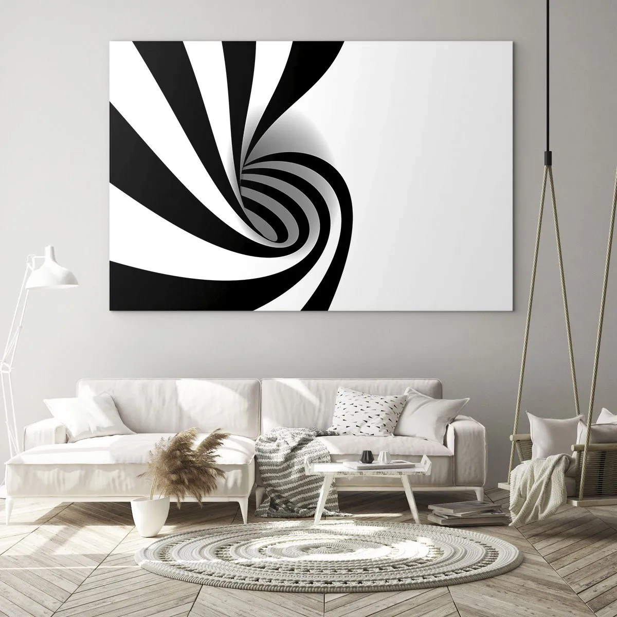 Glasbild - Bild auf glas - Abstrakte Spirale in Schwarz und Weiß mit dynamischer Form - 120x80cm - Und doch dreht es sich - Moderne Wanddekoration für Wohnzimmer und Schlafzimmer ARTTOR