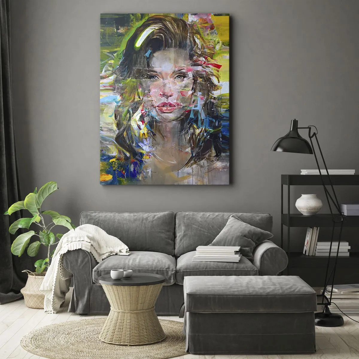 Bild auf Leinwand - Leinwandbild - Abstraktes Frauenporträt in intensiven Farben - 80x120cm - Hinter der Luft ein Vorhang - Moderne Wanddekoration für Wohnzimmer und Schlafzimmer ARTTOR