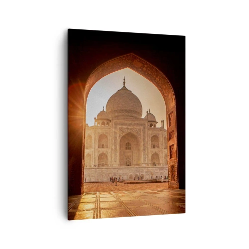 Bild auf Leinwand - Leinwandbild - Taj Mahal im Sonnenlicht vom Torbogen aus gesehen - 70x100cm - Denkmal der überirdischen Liebe - Moderne Wanddekoration für Wohnzimmer und Schlafzimmer ARTTOR