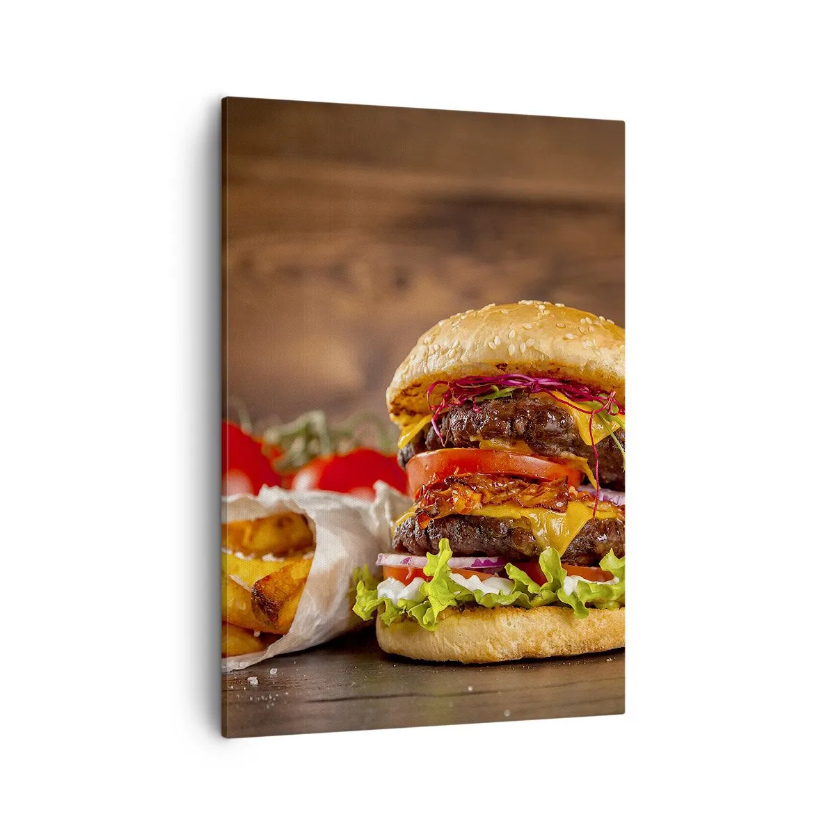 Bild auf Leinwand - Leinwandbild - Appetitlicher Burger mit Extras - 50x70cm - Die verbotene Frucht - Moderne Wanddekoration für Wohnzimmer und Schlafzimmer ARTTOR