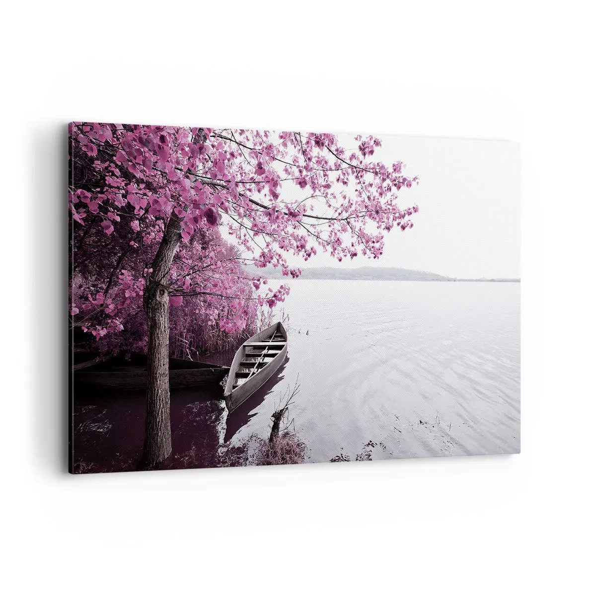 Bild auf Leinwand - Leinwandbild - Ein Boot am Ufer eines Sees zwischen rosa Bäumen - 120x80cm - In rosa Stille - Moderne Wanddekoration für Wohnzimmer und Schlafzimmer ARTTOR