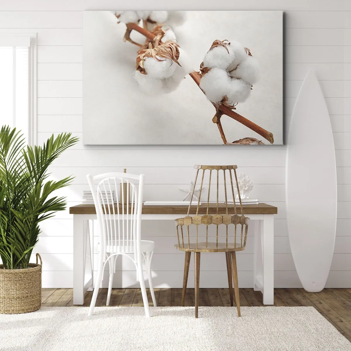 Bild auf Leinwand - Leinwandbild - Ein Zweig Baumwolle auf dezentem Untergrund - 70x50cm - Nur umarmen - Moderne Wanddekoration für Wohnzimmer und Schlafzimmer ARTTOR