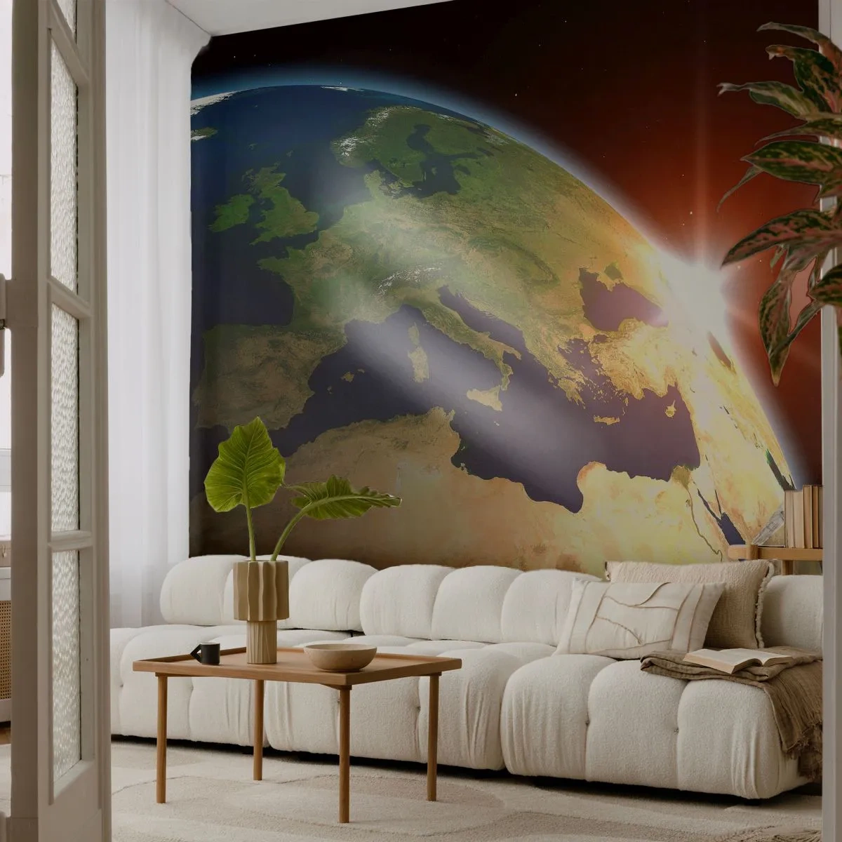 Fototapete Premium Canvas - Sonnenaufgang - Kosmos, Globus, Kontinente - 250x175 cm