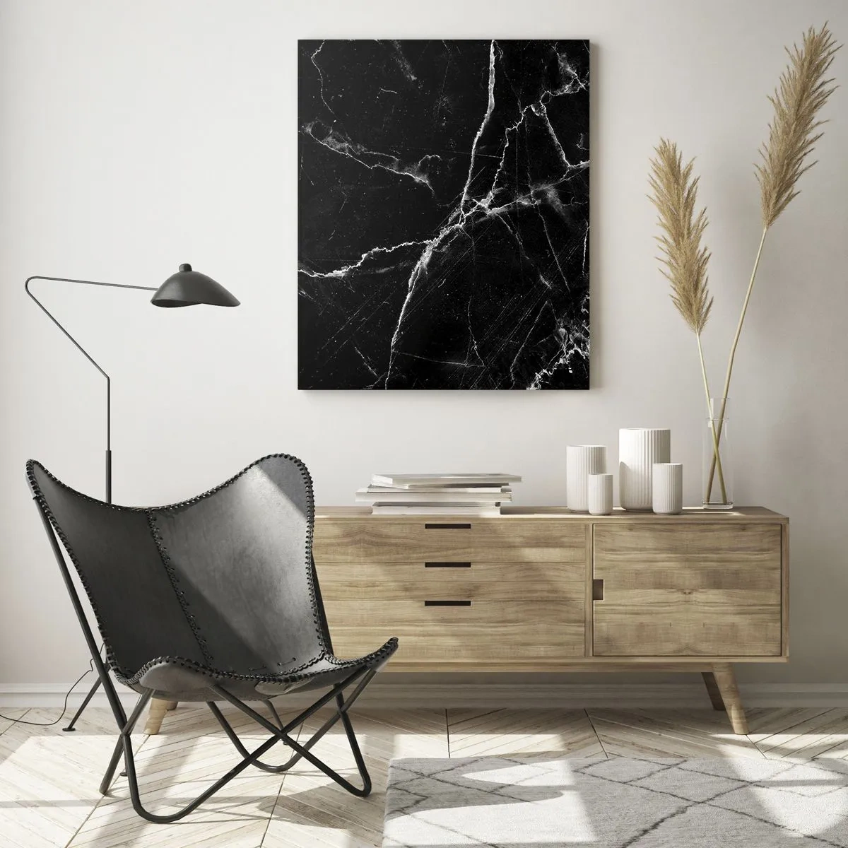 Glasbild - Bild auf glas - Schwarzer Marmor mit weißen Adern im Detail - 70x100cm - Geheimleben des Steins - Moderne Wanddekoration für Wohnzimmer und Schlafzimmer ARTTOR