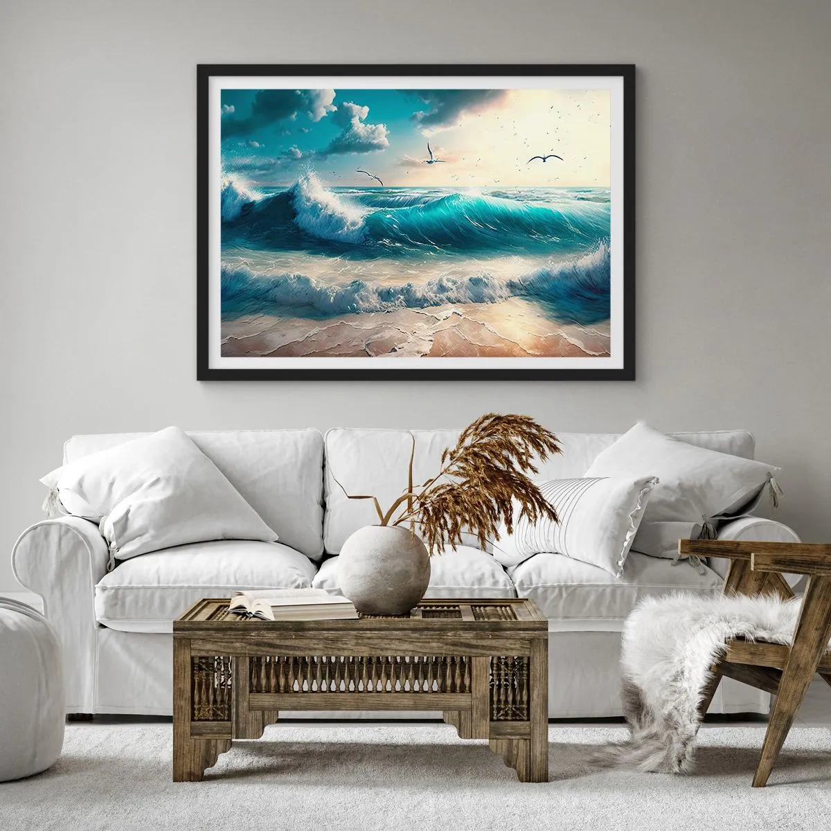 Poster in einem schwarzem Rahmen - Meereswellen am Strand unter blauem Himmel mit Möwen - 70x50cm - Es summt nur für dich - Moderne Wanddekoration für Wohnzimmer und Schlafzimmer ARTTOR