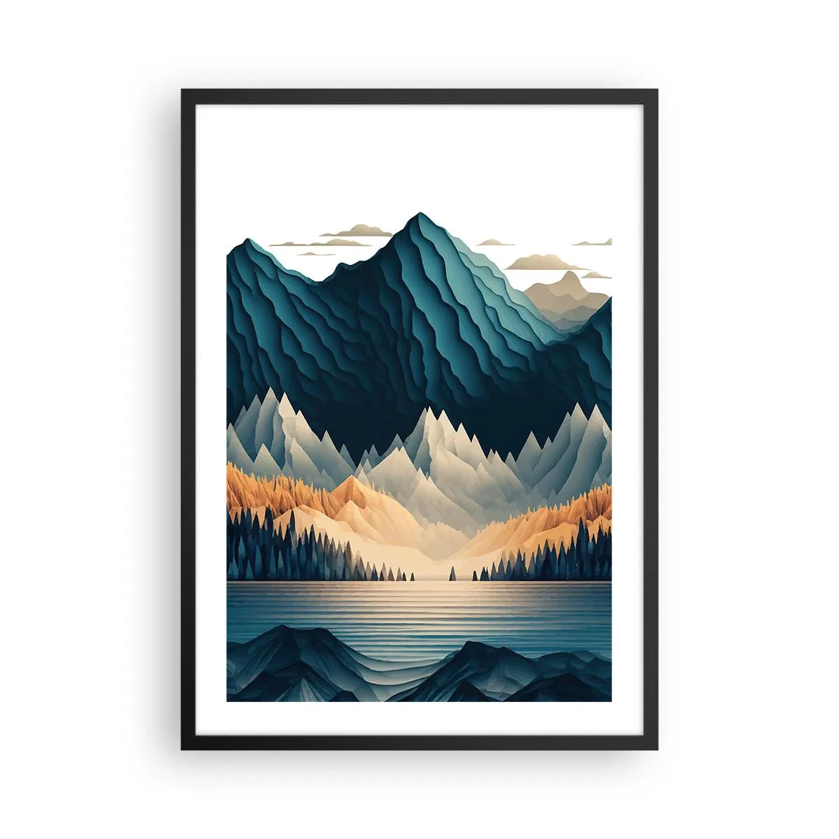 Poster in einem schwarzem Rahmen - Stilisierte Berglandschaft mit See in Blautönen - 50x70cm - Perfekte Berglandschaft - Moderne Wanddekoration für Wohnzimmer und Schlafzimmer ARTTOR