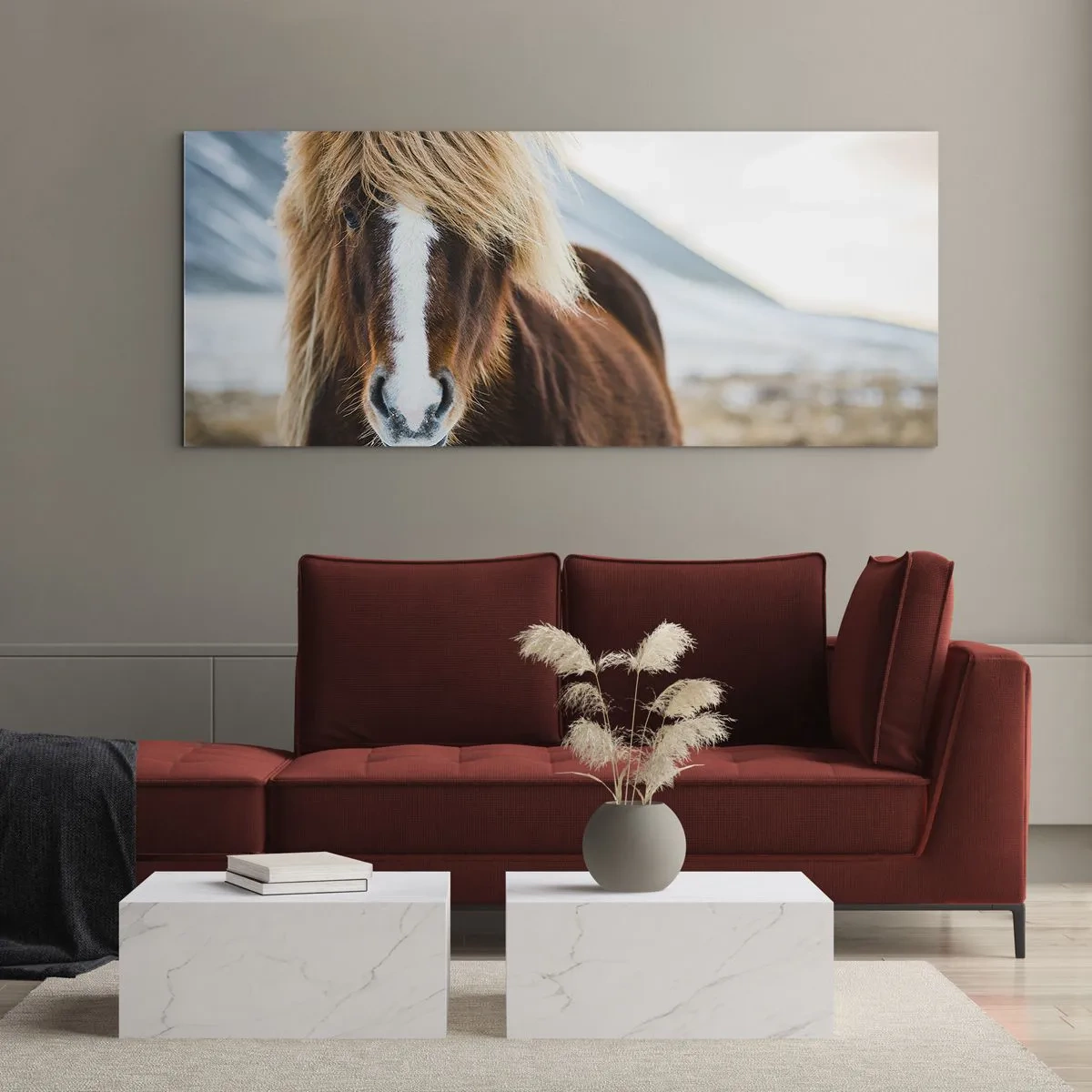 Glasbild - Bild auf glas - Islandpferd vor einer Berglandschaft - 140x50cm - Spürst du die Freiheit? - Moderne Wanddekoration für Wohnzimmer und Schlafzimmer ARTTOR
