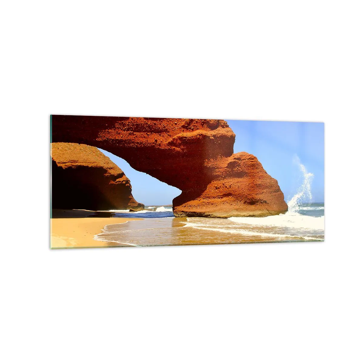 Glasbild - Bild auf glas - Ein natürlicher Felsbogen an einem Strand mit blauem Himmel und Wellen - 120x50cm - Wasser und Wind seit Tausenden von Jahren - Moderne Wanddekoration für Wohnzimmer und Schlafzimmer ARTTOR