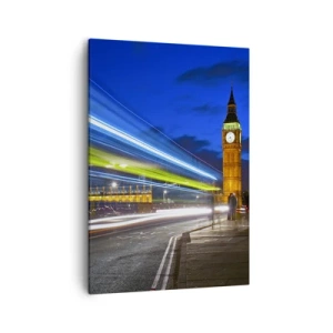 Bild auf Leinwand - Leinwandbild - Big Ben bei Nacht mit der Wirkung von Lichtern im Straßenverkehr - 50x70cm - Unter den wachsamen Augen von Big Ben - Moderne Wanddekoration für Wohnzimmer und Schlafzimmer ARTTOR