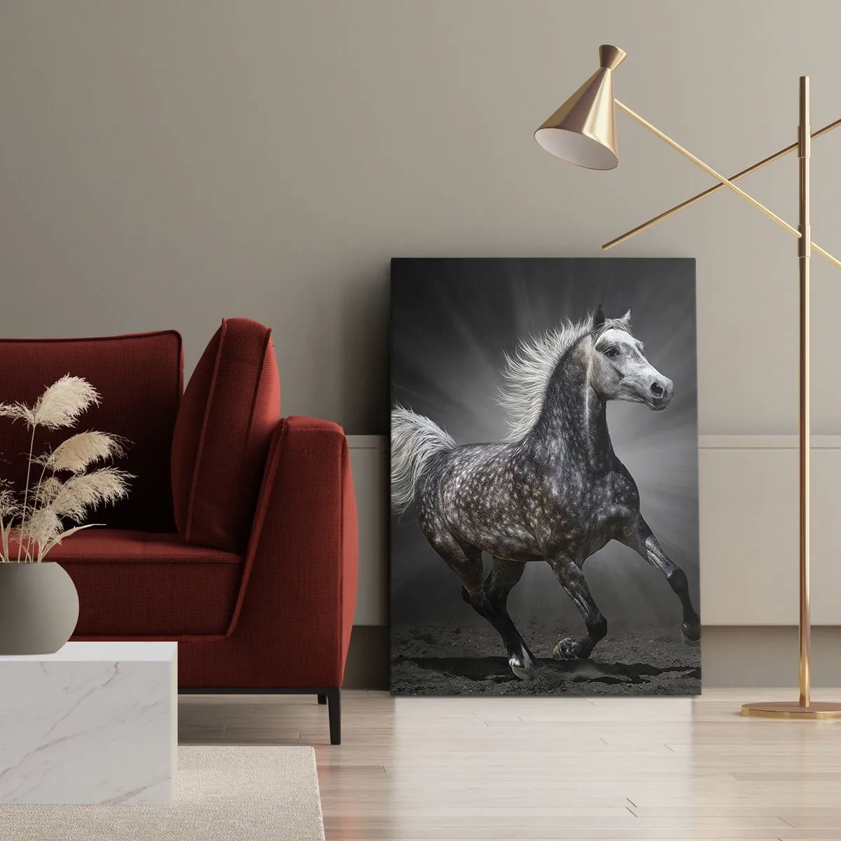 Bild auf Leinwand - Leinwandbild - Ein weißes Pferd galoppiert vor einem dunklen Hintergrund - 50x70cm - Grau ist schön - Moderne Wanddekoration für Wohnzimmer und Schlafzimmer ARTTOR