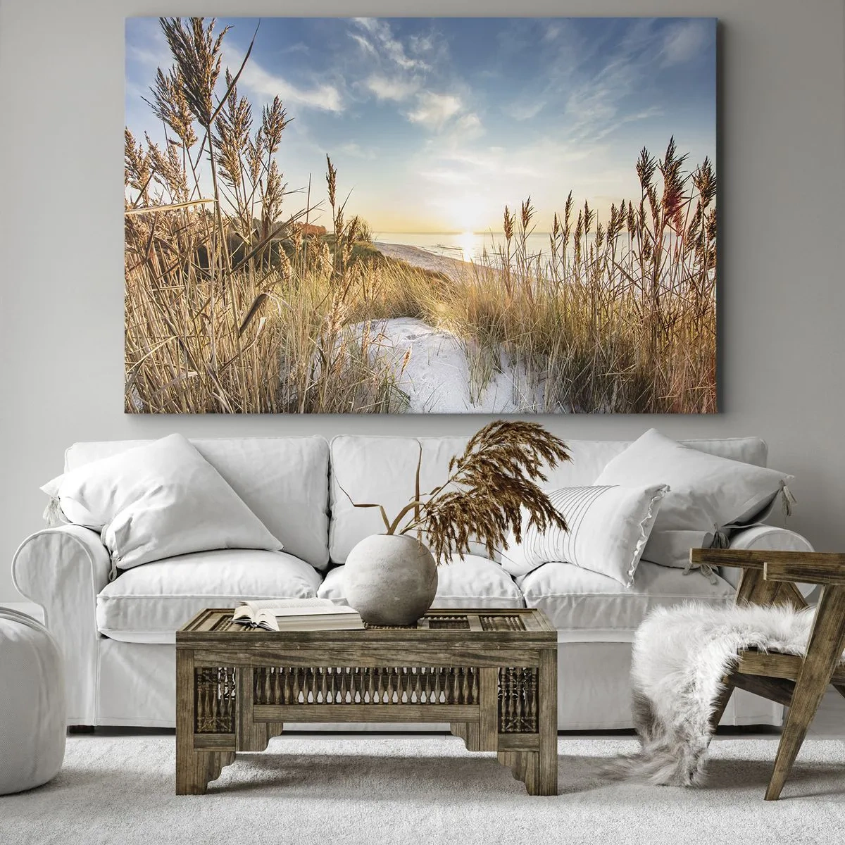 Bild auf Leinwand - Leinwandbild - Ein malerischer Strand mit Gras und untergehender Sonne - 120x80cm - Nordstrand - Moderne Wanddekoration für Wohnzimmer und Schlafzimmer ARTTOR
