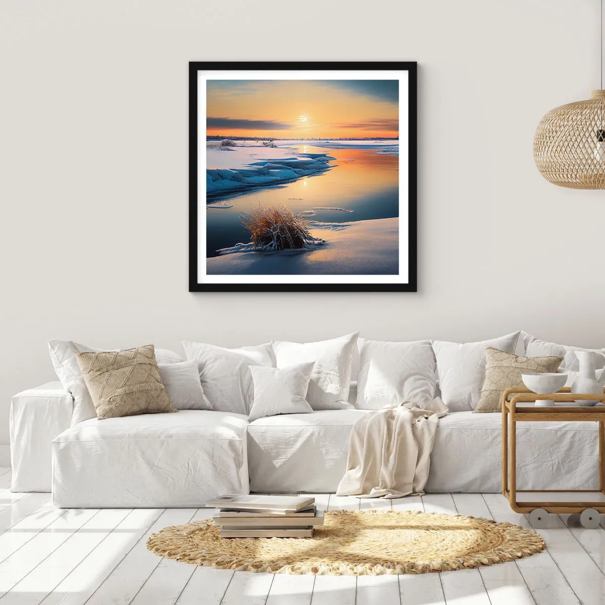 Poster in einem schwarzem Rahmen - Wintersonnenuntergang - 60x60 cm