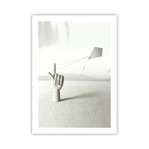 Poster - Eine Holzhand mit einem Drachen vor hellem Hintergrund - 50x70cm - Kraftprobe - Moderne Wanddekoration für Wohnzimmer und Schlafzimmer ARTTOR