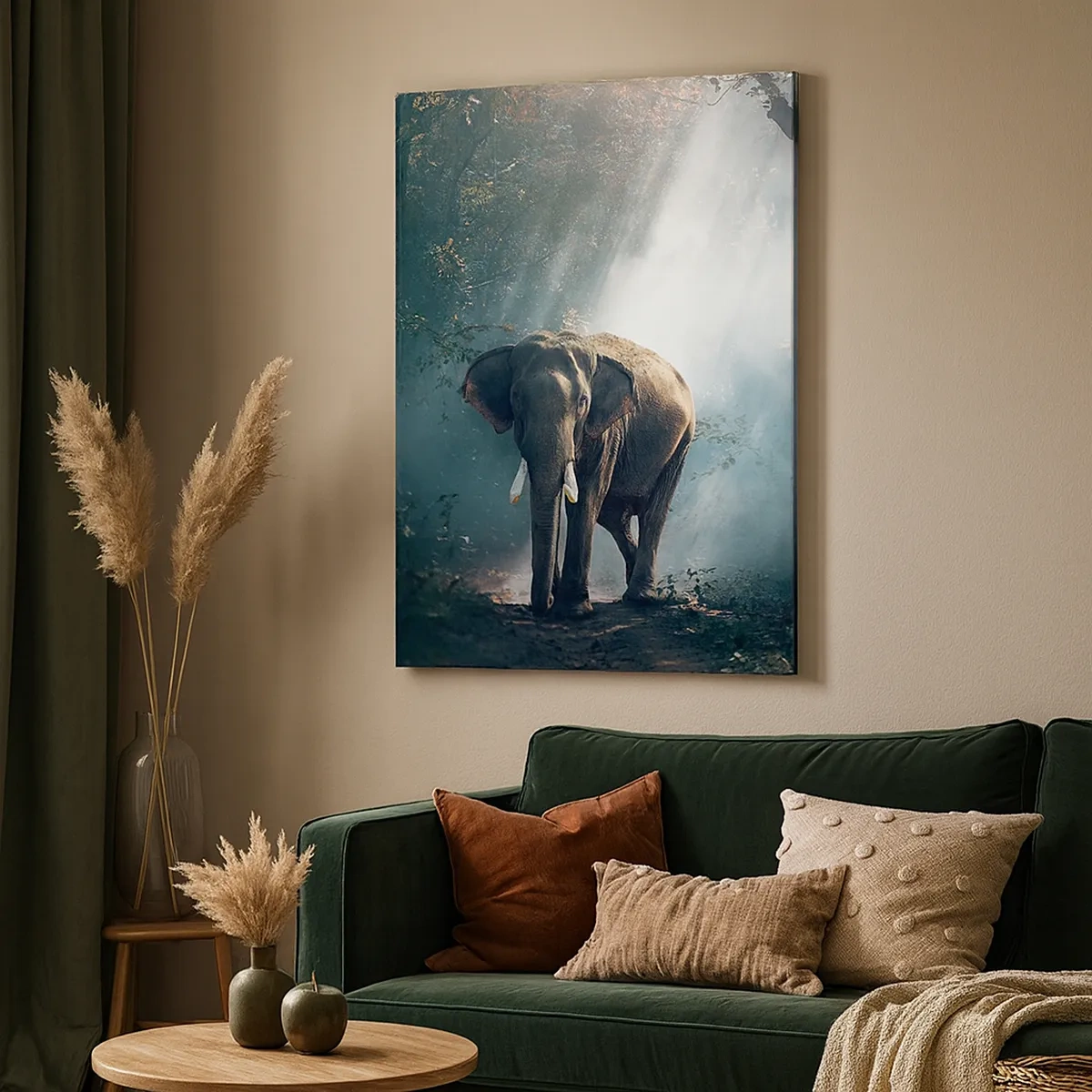 Bild auf Leinwand - Leinwandbild - Elefant im Waldlicht - 50x70cm - Ein gemütlicher Spaziergang - Moderne Wanddekoration für Wohnzimmer und Schlafzimmer ARTTOR