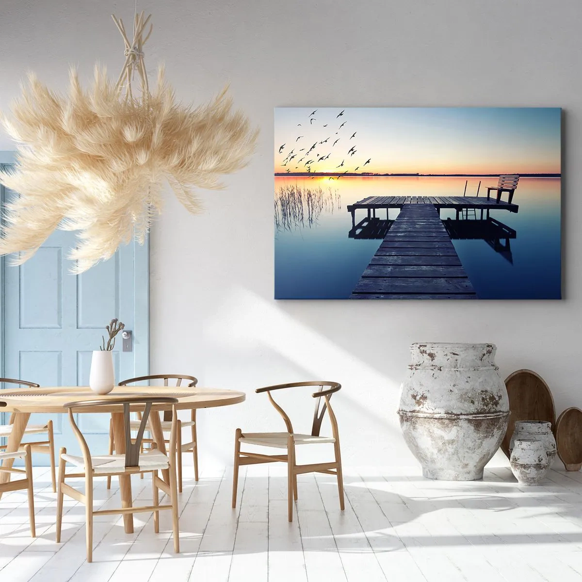 Bild auf Leinwand - Leinwandbild - Holzsteg auf einem See bei Sonnenaufgang mit Vögeln - 100x70cm - Das war ein guter Tag - Moderne Wanddekoration für Wohnzimmer und Schlafzimmer ARTTOR