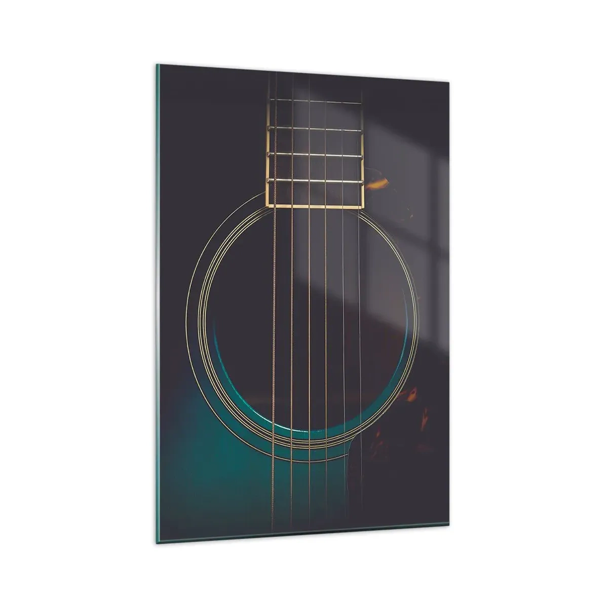 Glasbild - Bild auf glas - Akustikgitarre in dunklem, elegantem Licht - 80x120cm - Einen Moment bevor es ertönt - Moderne Wanddekoration für Wohnzimmer und Schlafzimmer ARTTOR
