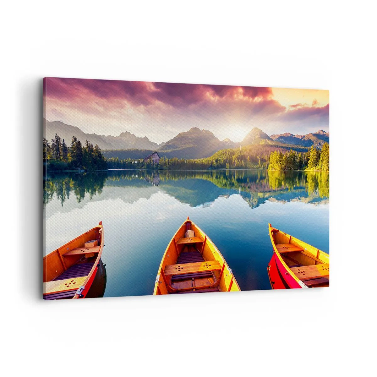 Bild auf Leinwand - Leinwandbild - Drei Holzboote vor der Kulisse eines Bergsees bei Sonnenuntergang - 120x80cm - Nichts gegen die Natur - Moderne Wanddekoration für Wohnzimmer und Schlafzimmer ARTTOR