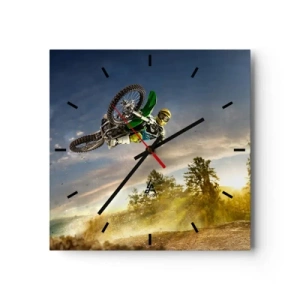 Wanduhr - Glasuhr - Motorradfahrer im dynamischen Sprung - 30x30cm - Schalten Sie Emotionen ein! - Moderne Wanddekoration für Wohnzimmer und Schlafzimmer ARTTOR