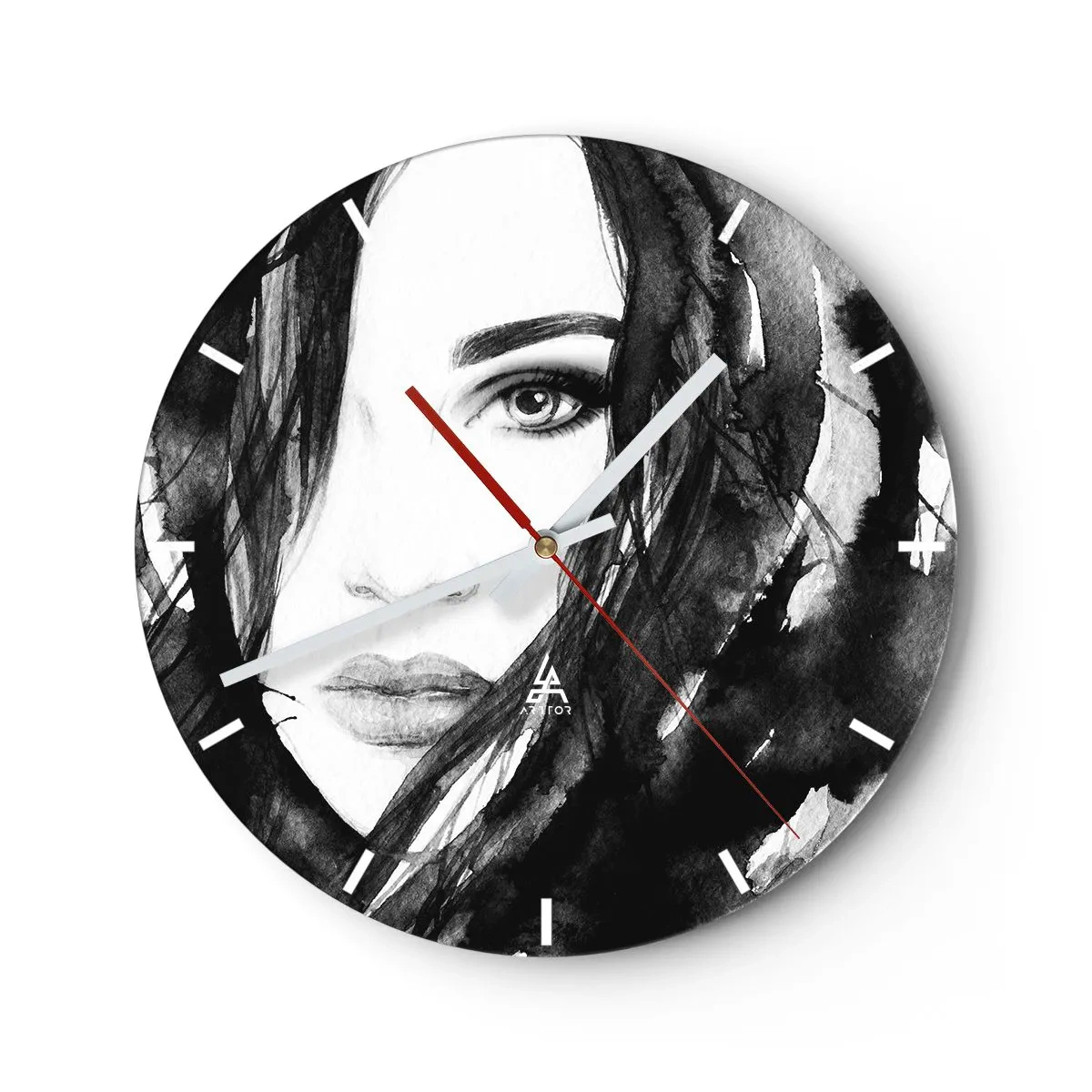 Wanduhr - Glasuhr - Porträt einer Frau in Schwarzweiß im Aquarellstil - 30x30cm - Porträt einer Dame in Schwarzweiß - Moderne Wanddekoration für Wohnzimmer, Küche und Schlafzimmer ARTTOR
