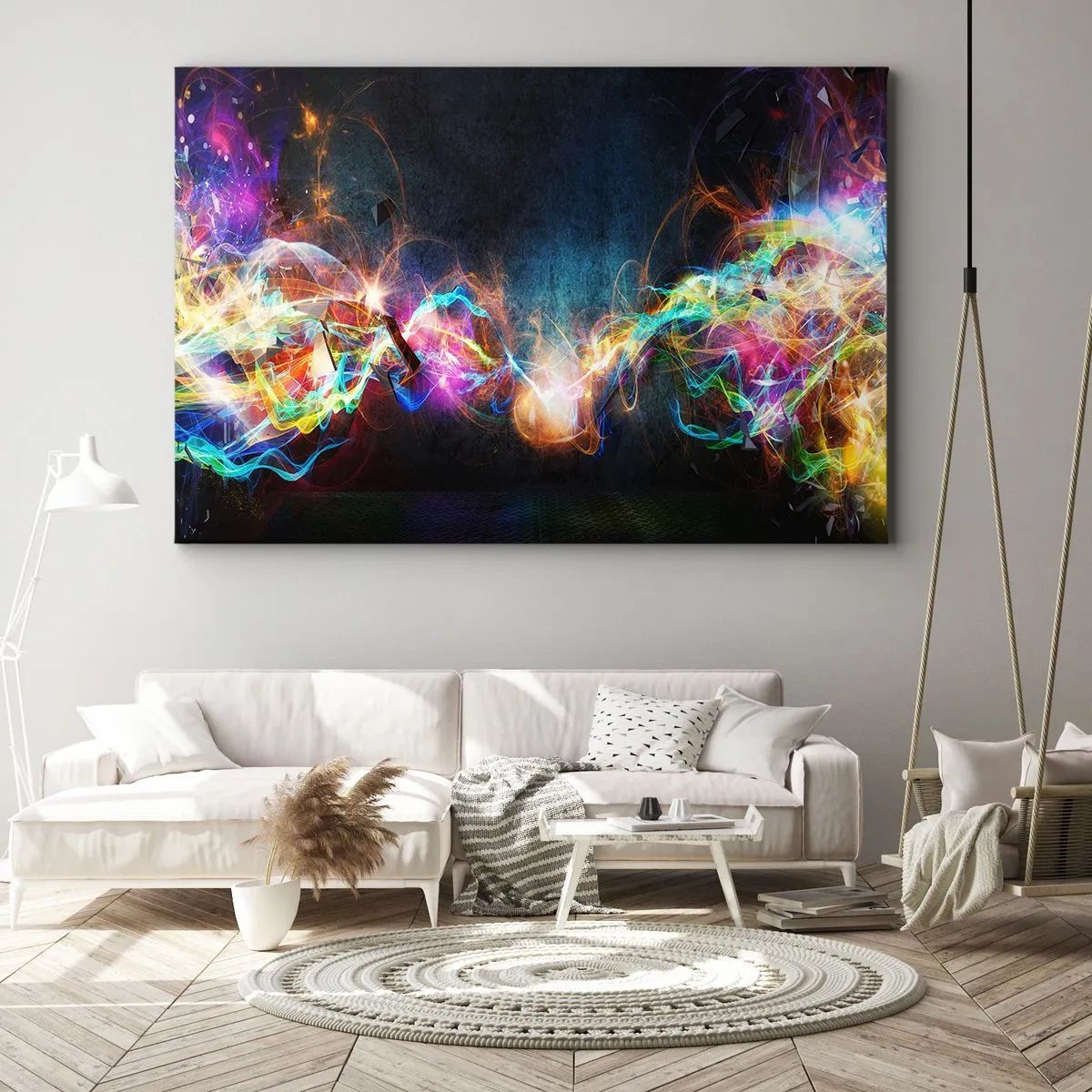 Bild auf Leinwand - Leinwandbild - Bunte Lichtblitze in einer abstrakten Komposition - 70x50cm - Freudig gegen die Dunkelheit - Moderne Wanddekoration für Wohnzimmer und Schlafzimmer ARTTOR