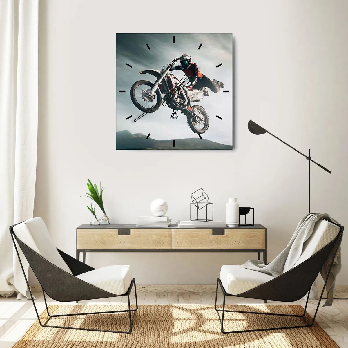 Wanduhr - Glasuhr - Motorradfahrer in der Luft bei einem Sprung - 30x30cm - Kein Spaß ohne Risiko - Moderne Wanddekoration für Wohnzimmer und Schlafzimmer ARTTOR