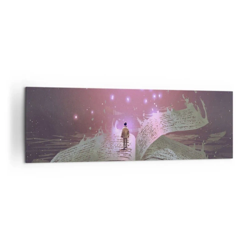 Bild auf Leinwand - Leinwandbild - Eine Figur tritt in einem magischen Licht auf ein offenes Buch. - 160x50cm - Einladung in eine andere Welt - lesen Sie! - Moderne Wanddekoration für Wohnzimmer und Schlafzimmer ARTTOR