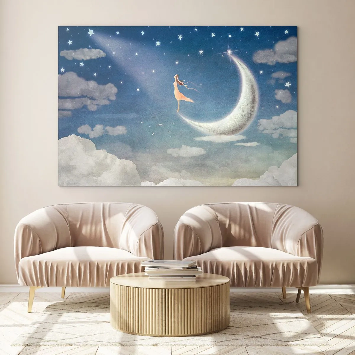Glasbild - Bild auf glas - Eine Frau in einem wallenden Kleid steht auf dem Mond in einem Sternenhimmel. - 70x50cm - Blauer Freier - Moderne Wanddekoration für Wohnzimmer und Schlafzimmer ARTTOR