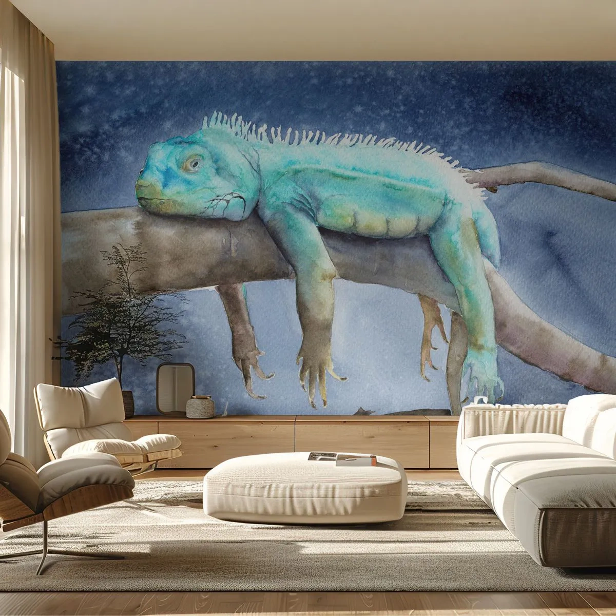 Fototapete Premium Sand - Blauer Leguan ruht auf einem Ast - 100x70cm - Es ist gut! - Moderne Wanddekoration für Wohnzimmer und Schlafzimmer ARTTOR