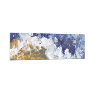 Glasbild - Bild auf glas - Abstraktion in Blau-, Weiß- und Goldtönen - 160x50cm - Tanz der Naturelemente - Moderne Wanddekoration für Wohnzimmer und Schlafzimmer ARTTOR