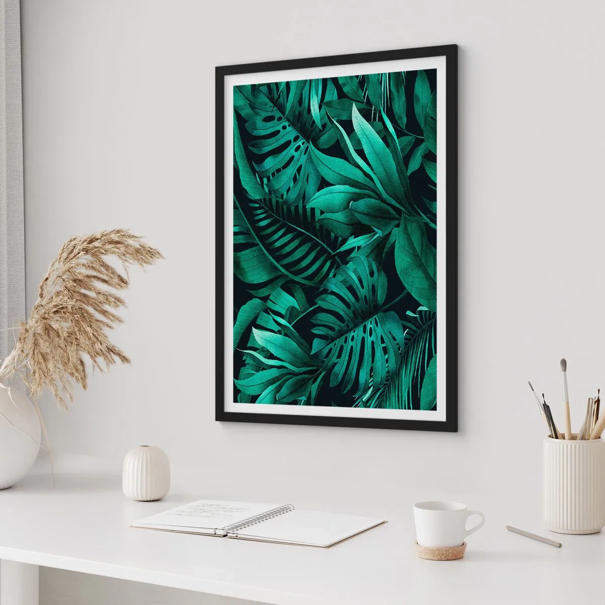 Poster in einem schwarzem Rahmen - Tropische Blätter in Grüntönen - 50x70cm - Die Tiefe des tropischen Grüns - Moderne Wanddekoration für Wohnzimmer und Schlafzimmer ARTTOR