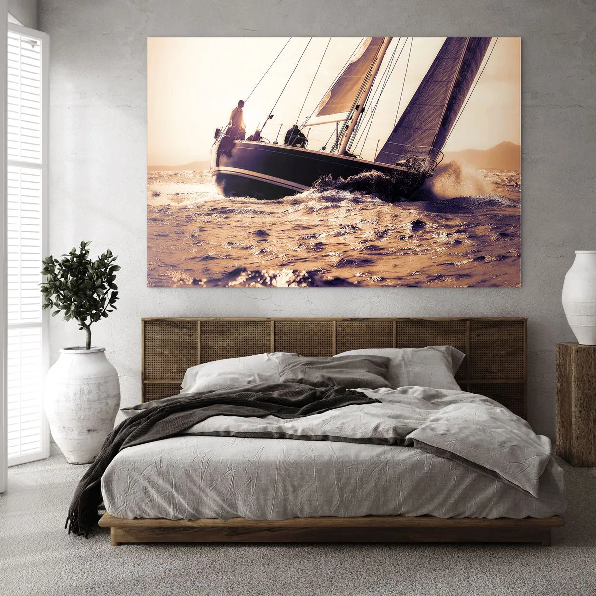 Glasbild - Bild auf glas - Ein Segelboot auf stürmischer See in warmen Farbtönen - 120x80cm - Segle, Seemann - Moderne Wanddekoration für Wohnzimmer und Schlafzimmer ARTTOR