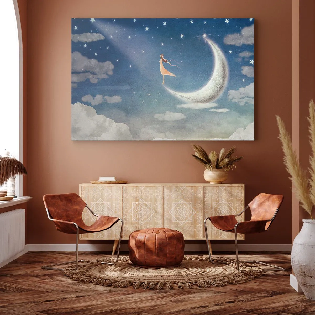Bild auf Leinwand - Leinwandbild - Eine Frau im Mond, umgeben von Sternen und Wolken - 70x50cm - Blauer Freier - Moderne Wanddekoration für Wohnzimmer und Schlafzimmer ARTTOR